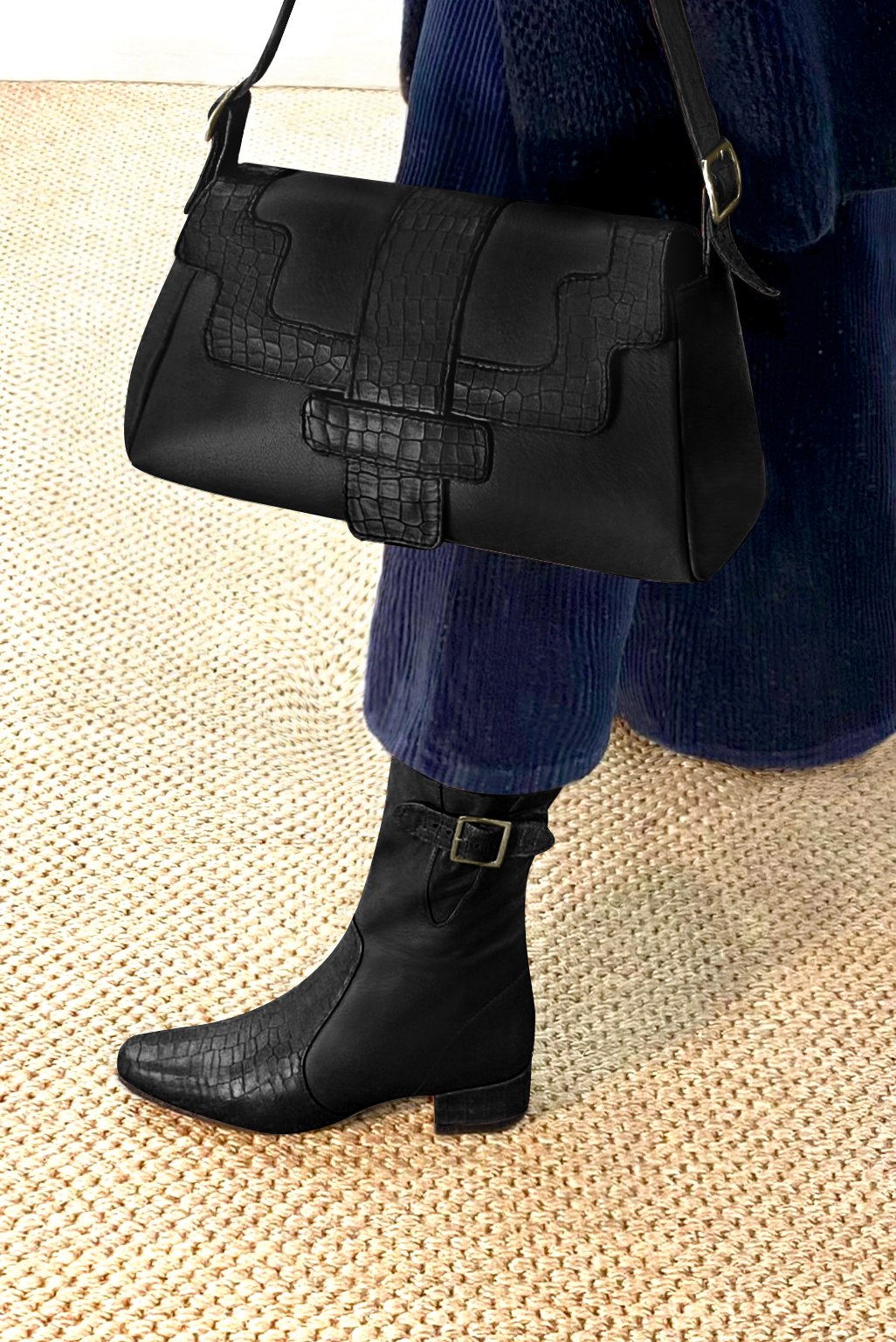 Satin black women's dress handbag, matching pumps and belts. Worn view - Florence KOOIJMAN